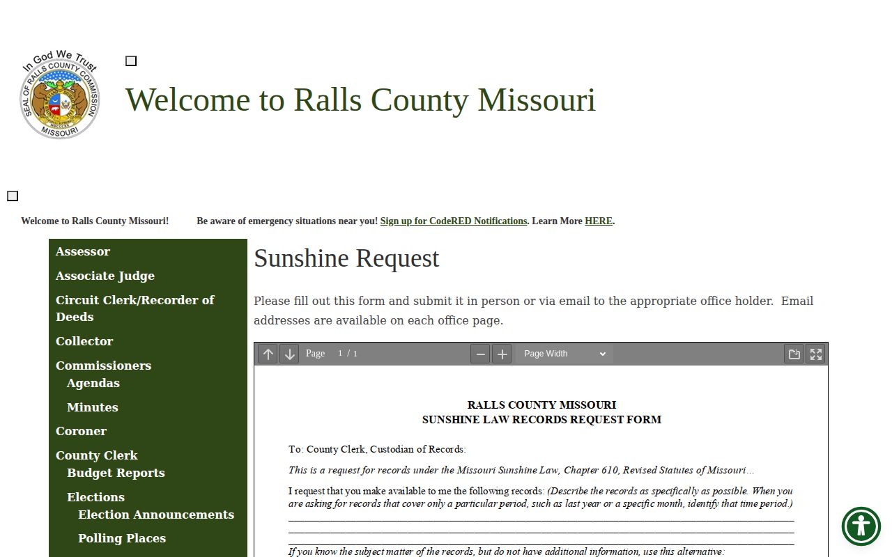 Ralls County release record Sunshine Request page