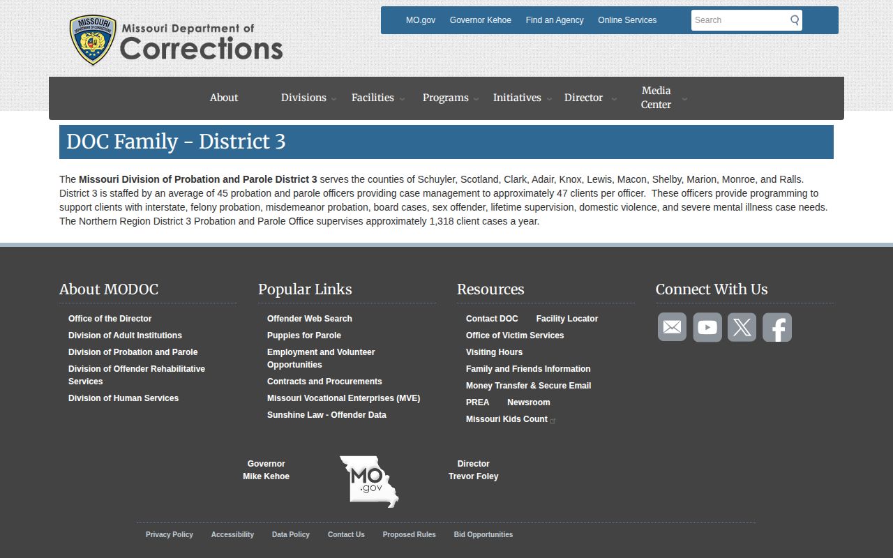 Ralls County parole and probation District 3 service page